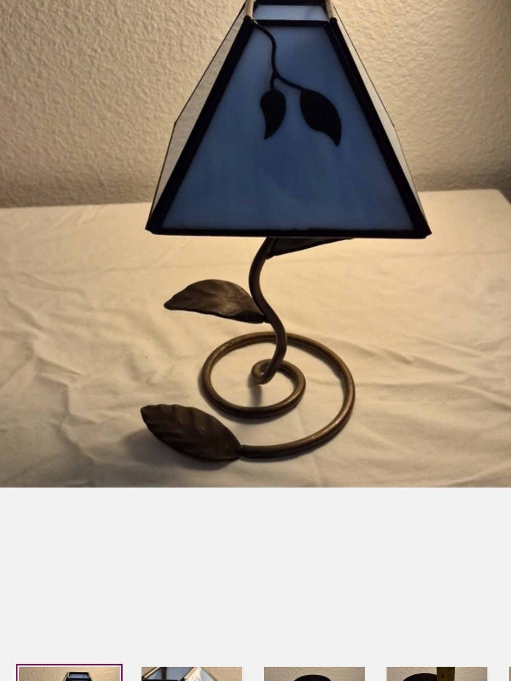 Blue Stained Glass Table Lamp with Leaf Motif